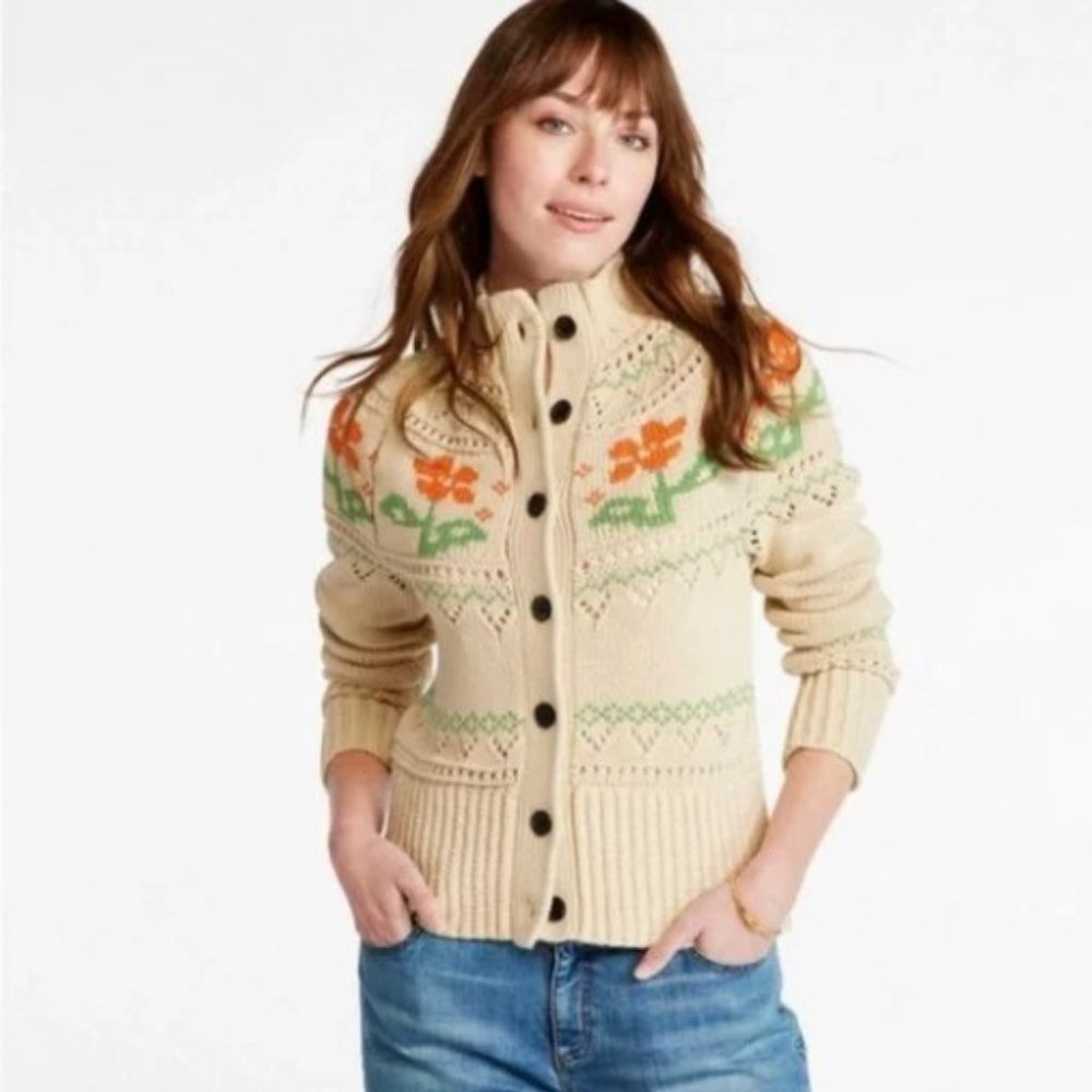Women's SMALL Signature Cotton Fisherman Sweater Cardigan Fair Isle  LL Bean
